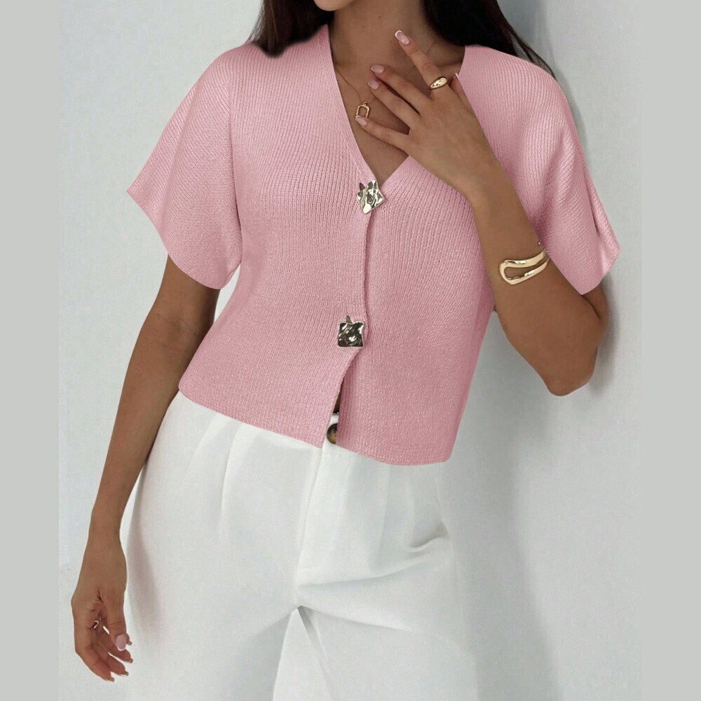 Pink Ribbed Knit Cardigan with Statement Button Closure - Picture 4 of 6
